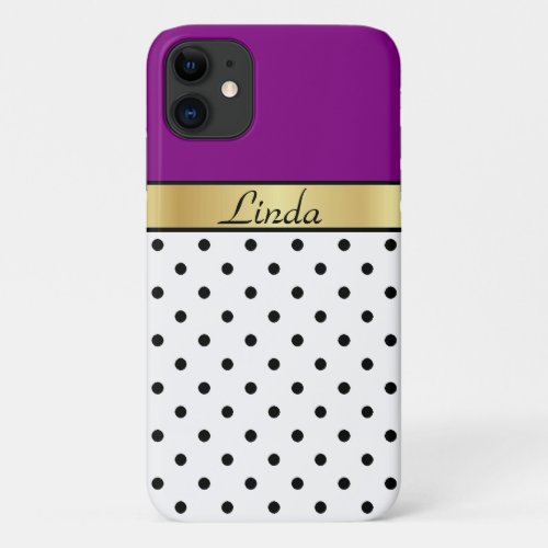 Purple White  Black Polka Dots Gold Ribbon Name iPhone 11 Case