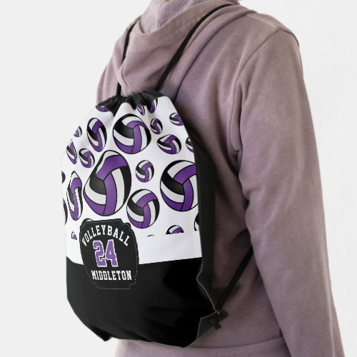 Purple White  Black Volleyball Drawstring Bag