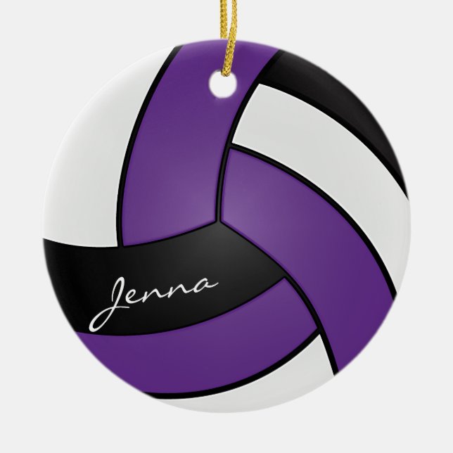 Purple, White & Black Volleyball(Print Both Sides) Ceramic Ornament (Front)