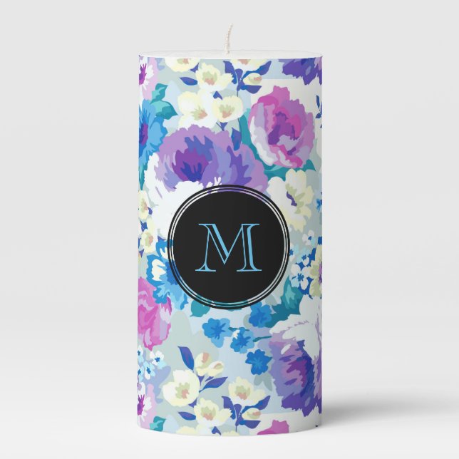 Purple White & Blue Flowers Pattern Pillar Candle (Front)