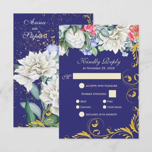 Purple White Blue Pink Gold Swirls Botanical RSVP (Front/Back)