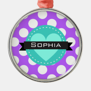 Purple White Blue Polka Dot Pattern Metal Ornament
