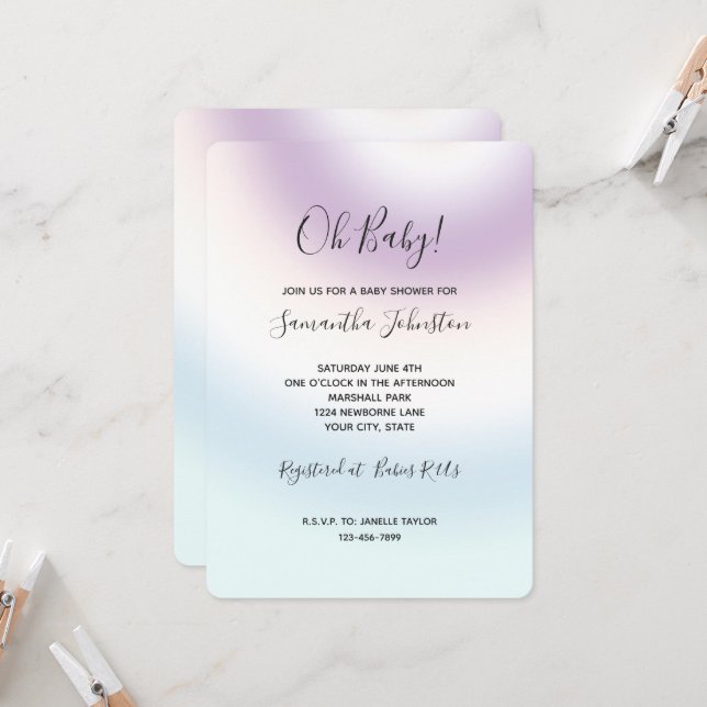 Purple White Blue Tie dye Baby Shower Invitation (Front/Back In Situ)