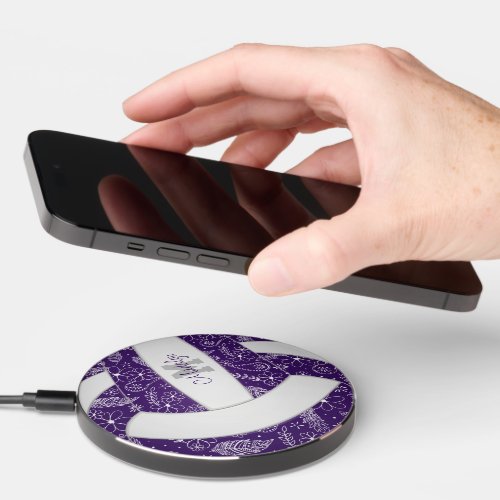 purple white boho doodle pattern girls volleyball wireless charger 