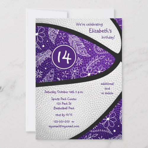 purple white boho sports girls basketball party invitation