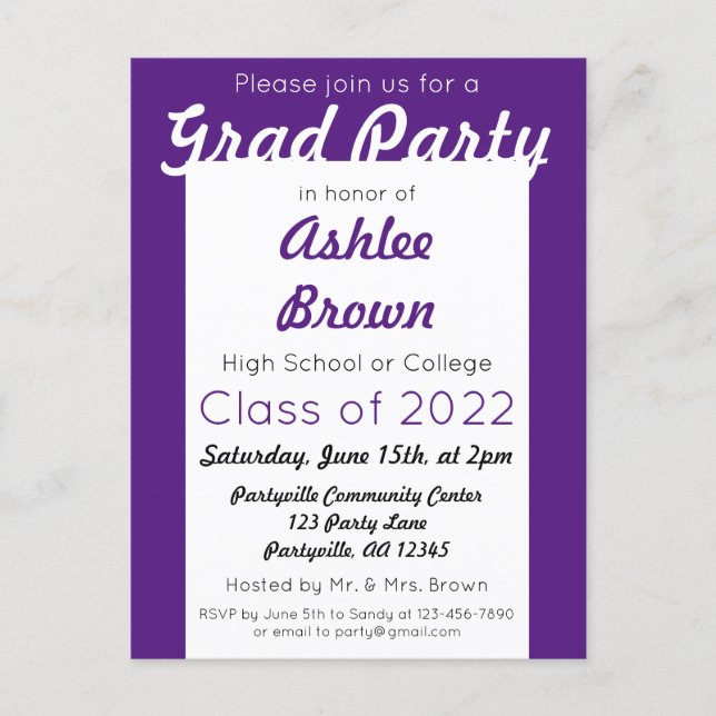 Purple White Bold Grad Party Graduation Invitation Postcard (Front)