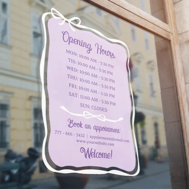 Purple White Bow Frame Small Business Open Hours Window Cling (Creator Uploaded)