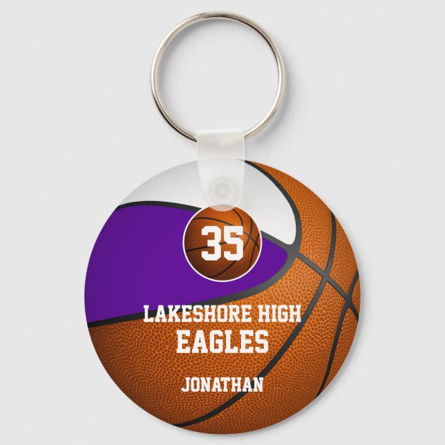 Purple white boys' sports basketball team spirit keychain (Front)