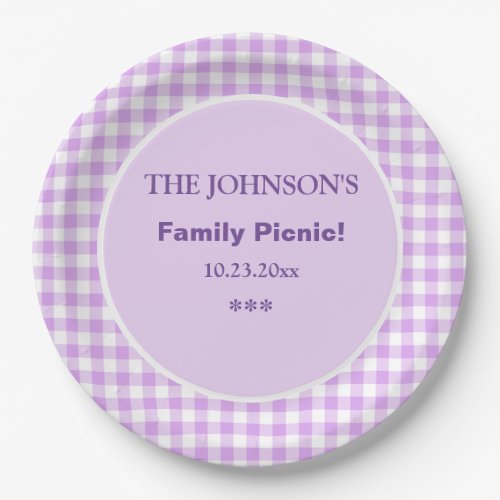 Purple White Buffalo Checks Family Picnic Paper Plates