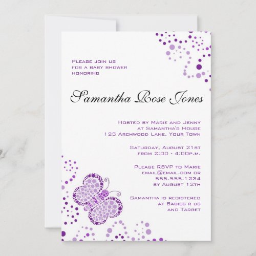 Purple &amp; White Butterfly Elegant Baby Shower Personalized Announcement