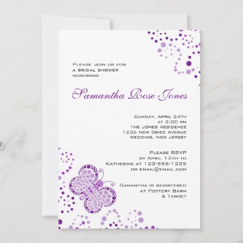Purple White Butterfly Pointillism Bridal Shower Custom Invite