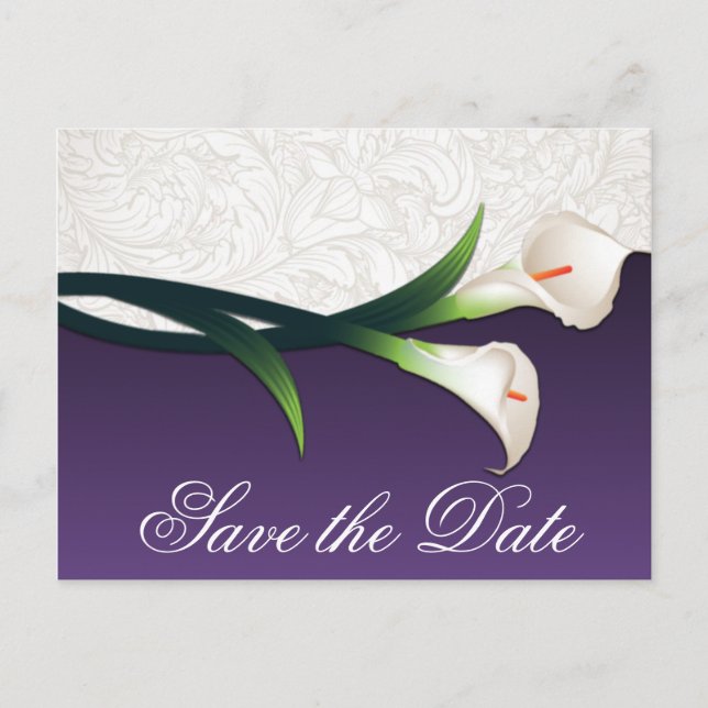 Purple & White Calla Lily Wedding Save the Dates Announcement Postcard (Front)
