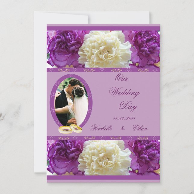 Purple & White Carnation Wedding Photo Invitations (Front)