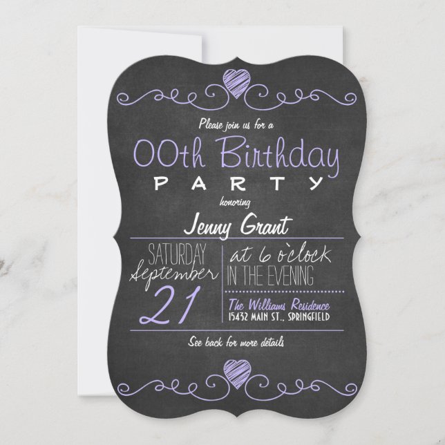 Purple & White Chalkboard Rustic Birthday Party Invitation (Front)
