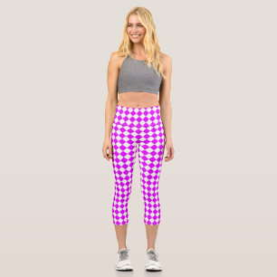 Purple White Checker Diamond Pattern Capri Leggings
