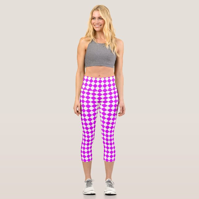 Purple White Checker Diamond Pattern Capri Leggings (Front)