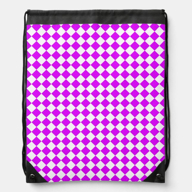 Purple White Checker Diamond Pattern Drawstring Bag (Front)