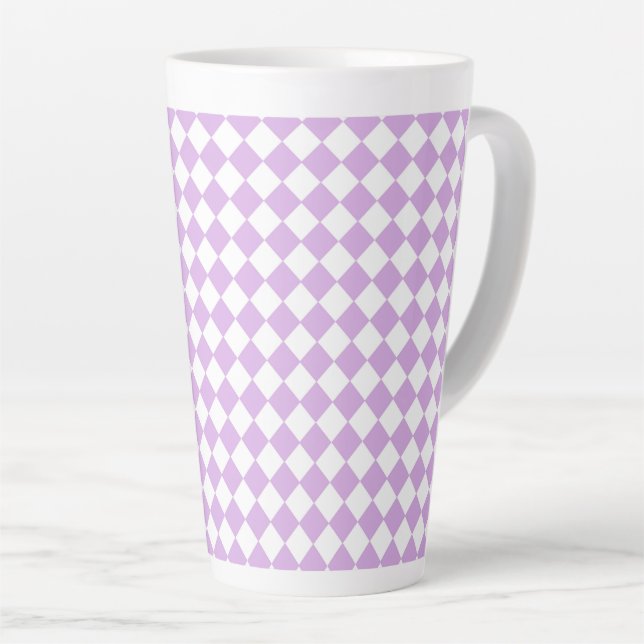 Purple White Checker Diamond Pattern Latte Mug (Right Angle)