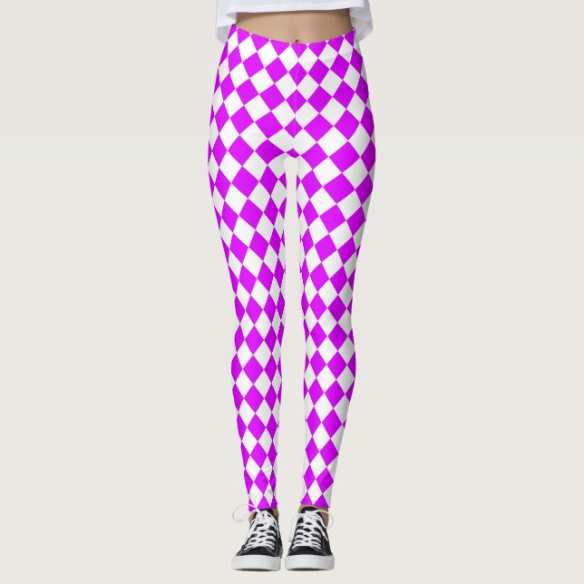 Purple White Checker Diamond Pattern Leggings (Front)