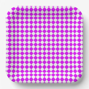 Purple White Checker Diamond Pattern Paper Plates