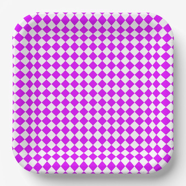 Purple White Checker Diamond Pattern Paper Plates (Front)