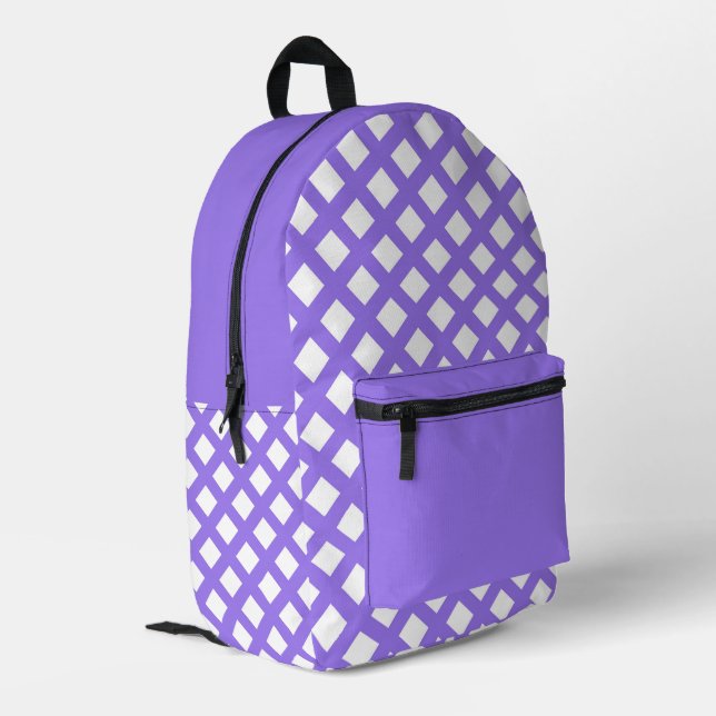 Purple White Checker Diamond Pattern Printed Backpack (Back Corner Left)
