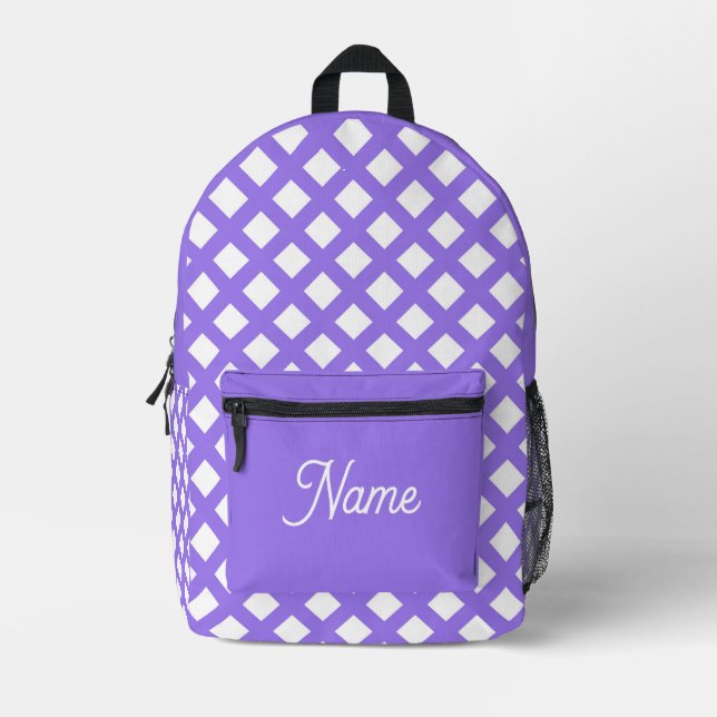 Purple White Checker Diamond Pattern Printed Backpack (Front)