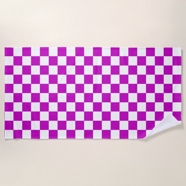 Purple White Checkered Check Pattern Beach Towel (Front)