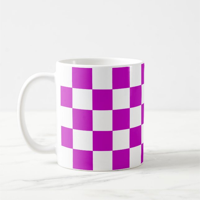 Purple White Checkered Check Pattern Coffee Mug (Left)