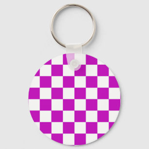 Purple White Checkered Check Pattern Keychain