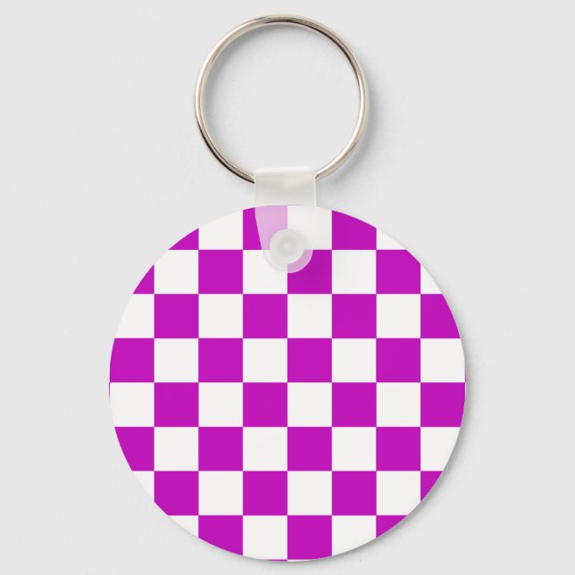 Purple White Checkered Check Pattern Keychain (Front)