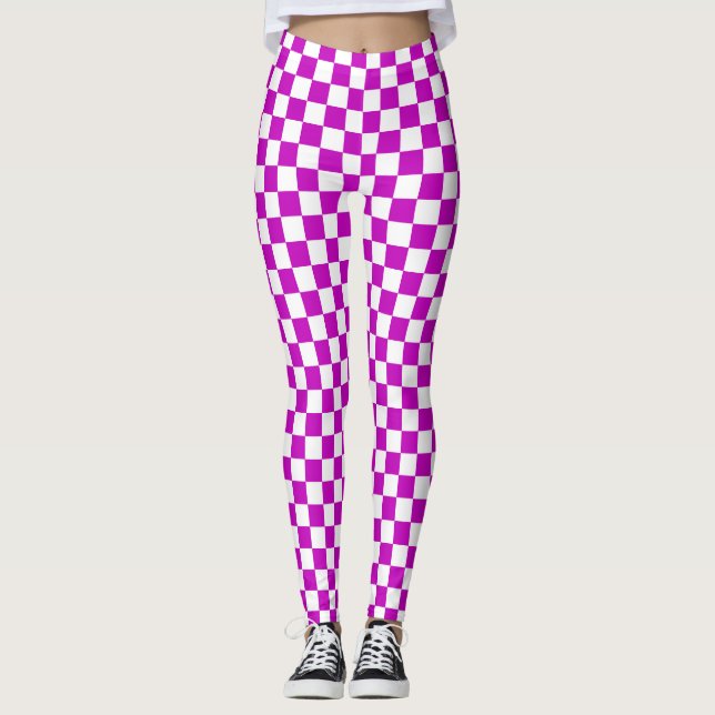 Purple White Checkered Check Pattern Leggings (Front)