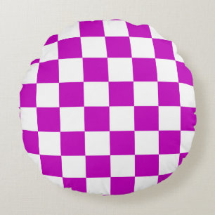 Purple White Checkered Check Pattern Round Pillow