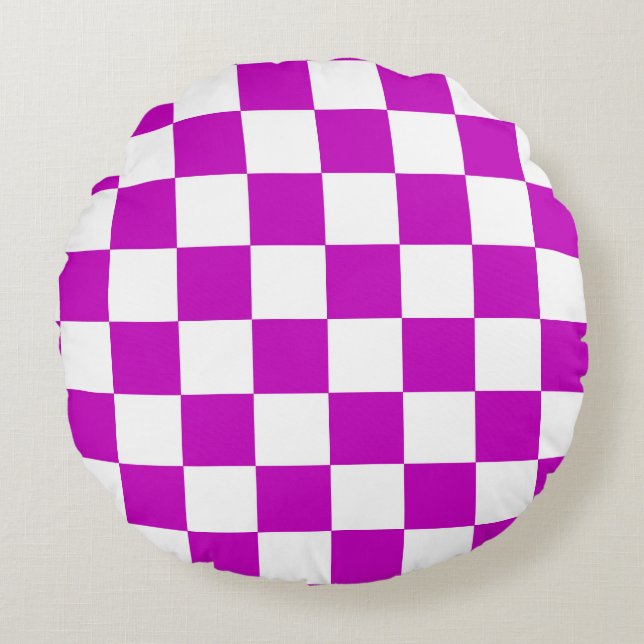 Purple White Checkered Check Pattern Round Pillow (Front)