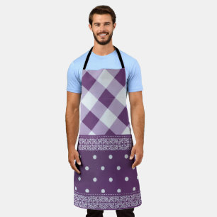 Purple White Checkered Polka Dot Floral Damask Art Apron