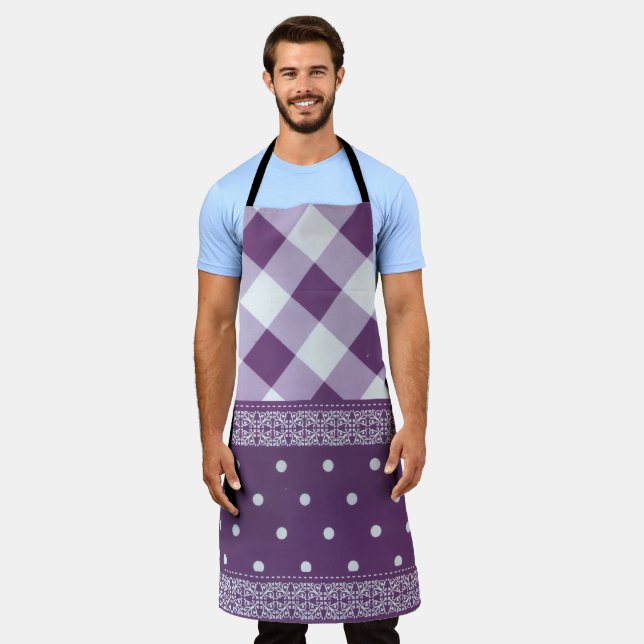 Purple White Checkered Polka Dot Floral Damask Art Apron (Worn)