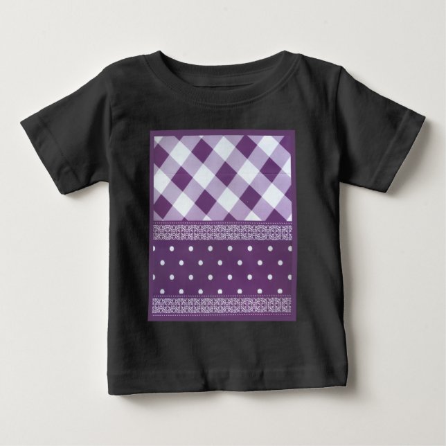 Purple White Checkered Polka Dot Floral Damask Art Baby T-Shirt (Front)