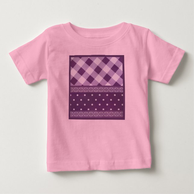 Purple White Checkered Polka Dot Floral Damask Art Baby T-Shirt (Front)