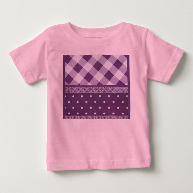 Purple White Checkered Polka Dot Floral Damask Art Baby T-Shirt (Front)