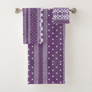 Purple White Checkered Polka Dot Floral Damask Art Bath Towel Set
