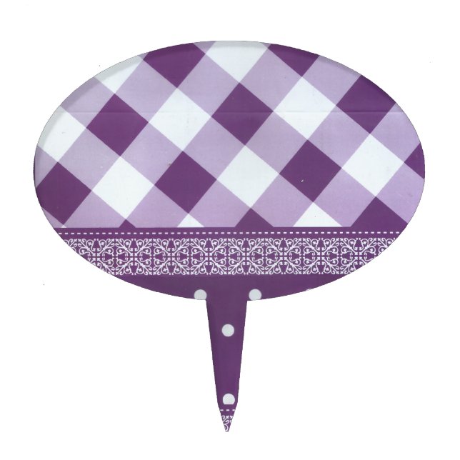 Purple White Checkered Polka Dot Floral Damask Art Cake Topper (Front)