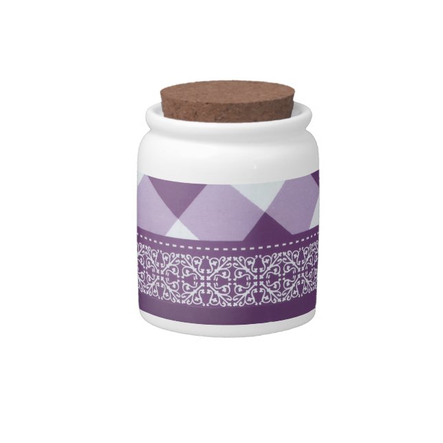 Purple White Checkered Polka Dot Floral Damask Art Candy Jar (Front)