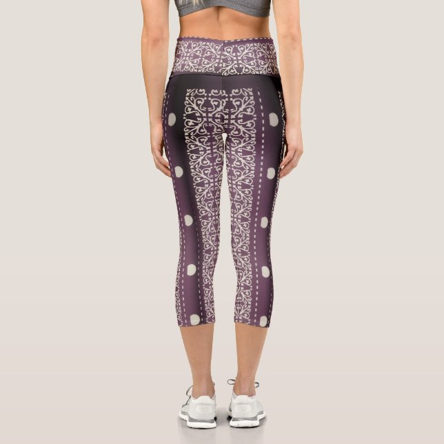 Purple White Checkered Polka Dot Floral Damask Art Capri Leggings (Back)