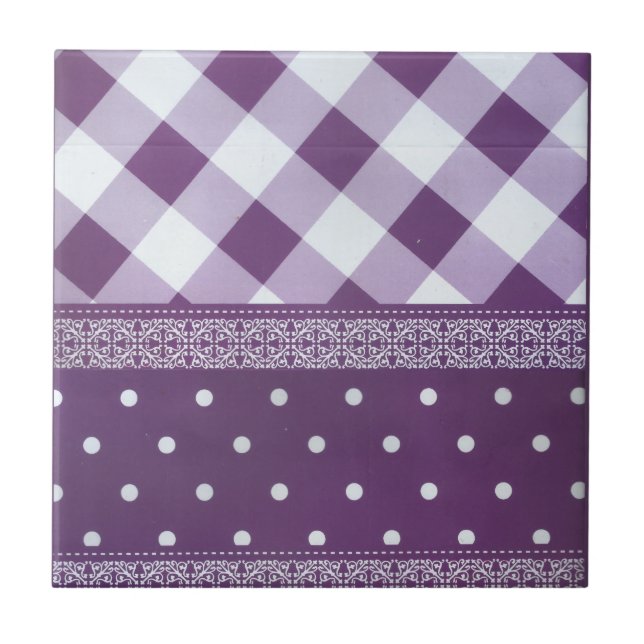 Purple White Checkered Polka Dot Floral Damask Art Ceramic Tile (Front)