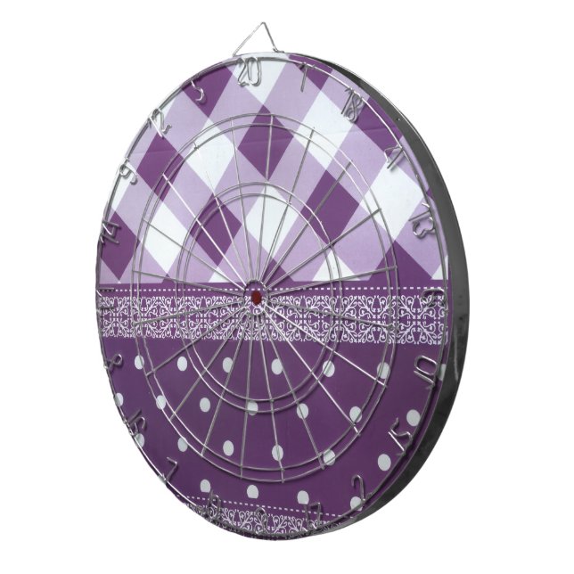 Purple White Checkered Polka Dot Floral Damask Art Dart Board (Front Right)