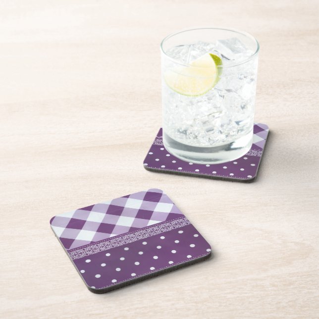 Purple White Checkered Polka Dot Floral Damask Art Drink Coaster (Right Side)