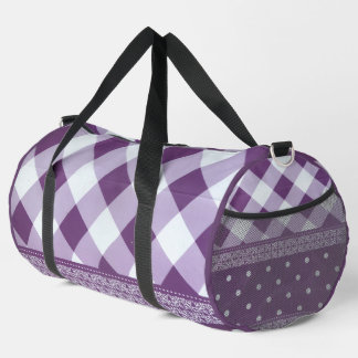 Purple White Checkered Polka Dot Floral Damask Art Duffle Bag