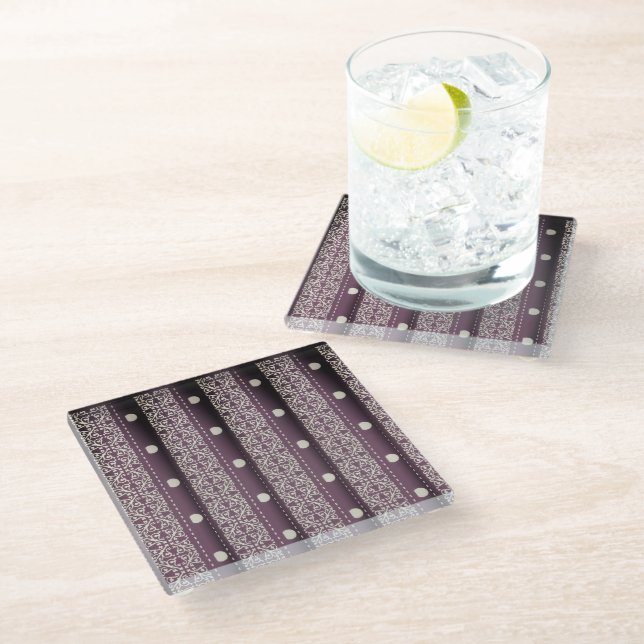 Purple White Checkered Polka Dot Floral Damask Art Glass Coaster (Angled)