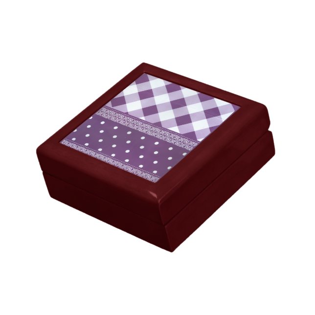 Purple White Checkered Polka Dot Floral Damask Art Jewelry Box (Side)