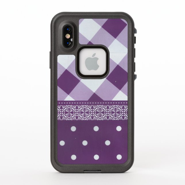 Purple White Checkered Polka Dot Floral Damask Art LifeProof iPhone Case (Back)
